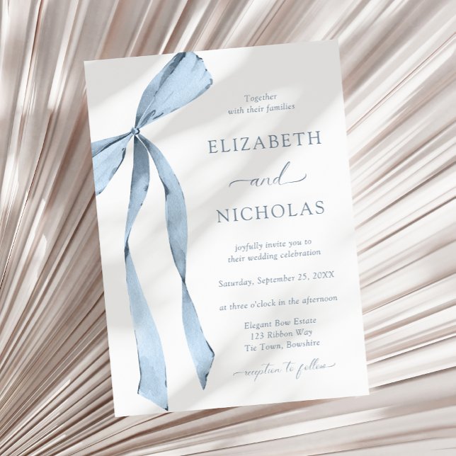 Watercolor Ribbon Bow Dusty Blue Wedding Einladung (Von Creator hochgeladen)