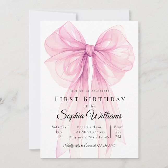 Watercolor Ribbon Girl 1st Birthday Invite Templat Einladung (Vorderseite)