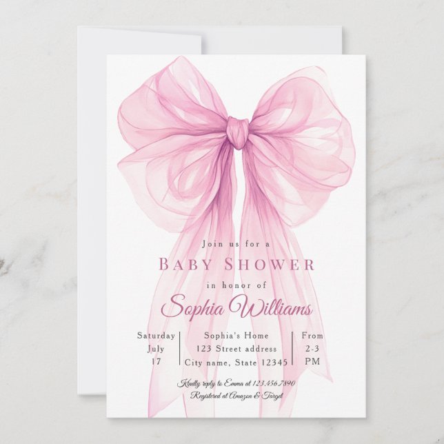 Watercolor Ribbon Girl Baby Shower Invite Einladung (Vorderseite)