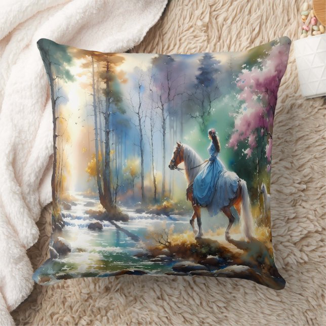 Watercolor River Horsewoman Forest Light Kissen (Decke)
