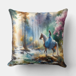 Watercolor River Horsewoman Forest Light Kissen
