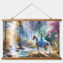 Watercolor River Horsewoman Forest Light Wandteppich Mit Holzrahmen