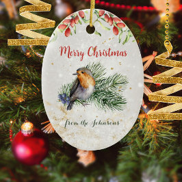 Watercolor Robin Bird Photo Christmas Keepsake Keramik Ornament
