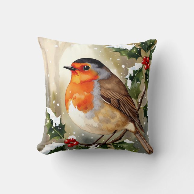 Watercolor Robin Christmas Design Kissen (Vorderseite)