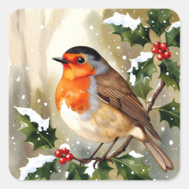 Watercolor Robin Christmas Design Quadratischer Aufkleber