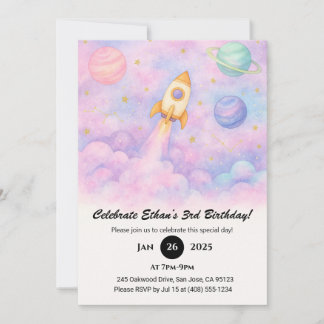 Watercolor Rocket & Dreamy Galaxy Birthday Einladung