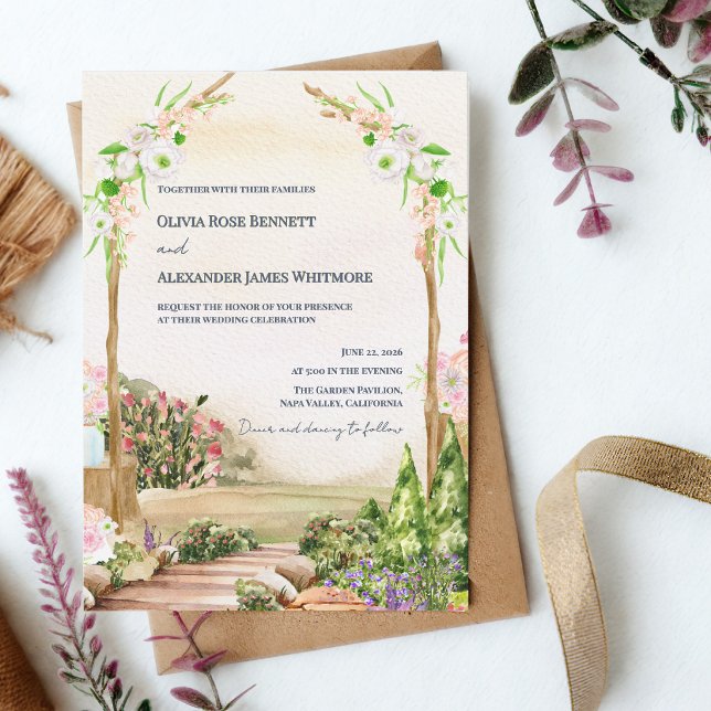 Watercolor Romantic Garden Arch Outdoor Wedding  Einladung (Watercolor Garden Arch Wedding Invitation Romantic Outdoor Floral Wedding Invite)