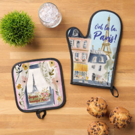 Watercolor Romantic Paris Kitchen Artistry Ofenhandschuh & Topflappen-Set