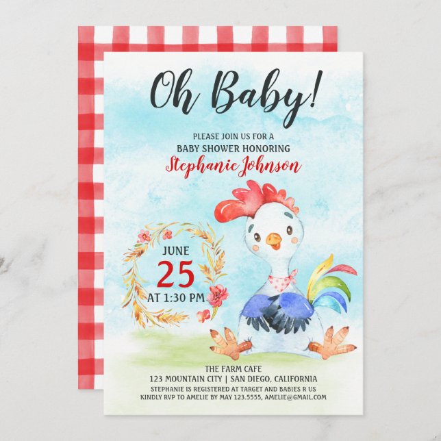 Watercolor Rooster Baby Dusche Farm Einladung (Vorne/Hinten)