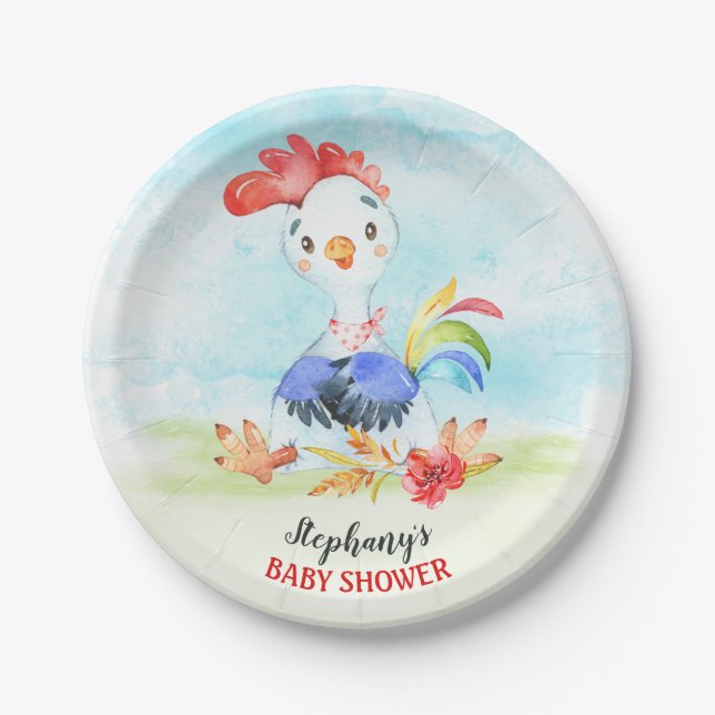 Watercolor Rooster Baby Showfarm Pappteller (Vorderseite)