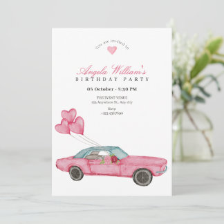 Watercolor rosa Auto Geburtstag Einladung