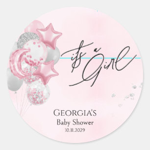 Watercolor-Rosa-Balloons-It's-a-Girl-Baby-Shower Runder Aufkleber