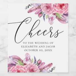 Watercolor rosa Boho Blumenfedern Hochzeit Weinetikett