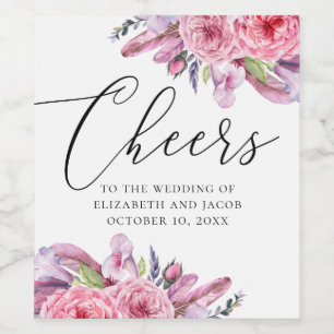 Watercolor rosa Boho Blumenfedern Hochzeit Weinetikett
