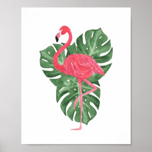 Watercolor-rosa Flamingo tropisches Monstera Poster