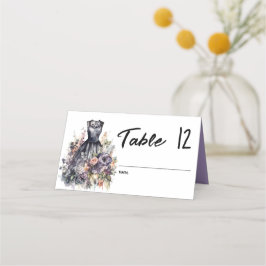 Watercolor rosa Rosa schwarze Brautkleid Name Platzkarte