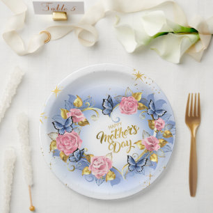 Watercolor Rosa Rose & Blauer Schmetterling Mutter Pappteller