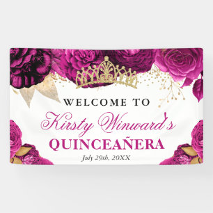 Watercolor-Rosa- und Goldblumen-Quinceanera Banner