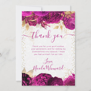 Watercolor-Rosa- und Goldblumen-Quinceanera Dankeskarte