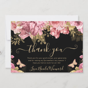 Watercolor-Rosa- und Goldblumen-Quinceanera Dankeskarte