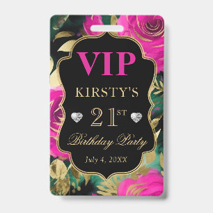 Watercolor Rosa und Goldene Blumen Geburtstag VIP Ausweis