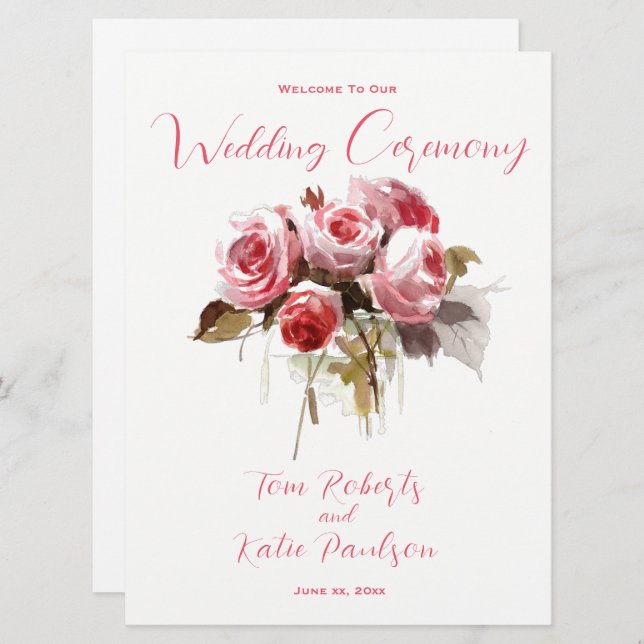 Watercolor Rose Bouquet Wedding Programm (Vorne/Hinten)