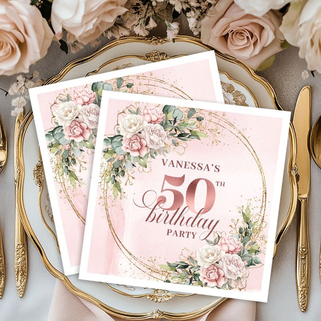 Watercolor Rose Gold 50th Birthday Party Napkins Serviette (Watercolor Rose Gold 50th Birthday Party Napkins)