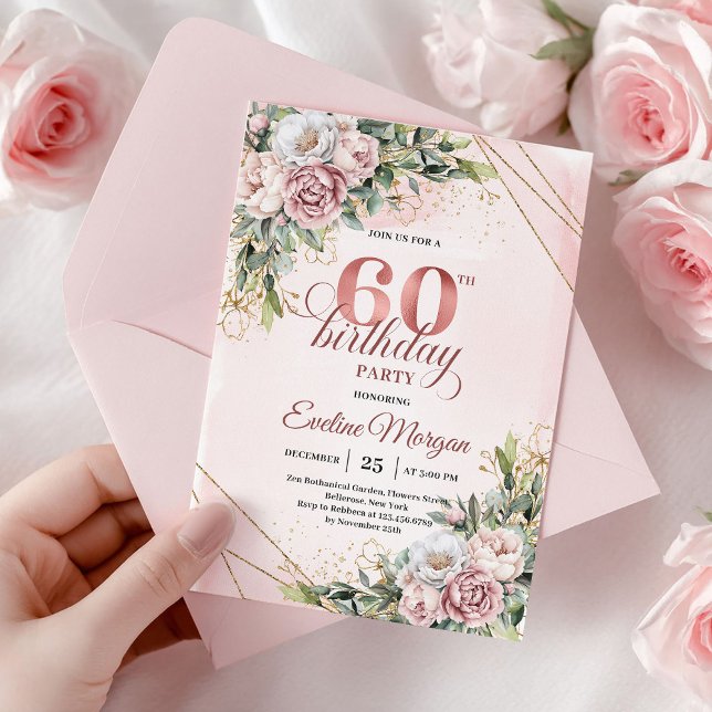 Watercolor Rose Gold Eucalyptus 60th Birthday  Einladung (Watercolor Rose Gold Eucalyptus 60th Birthday Invite)