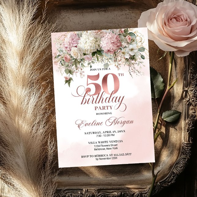 Watercolor Rose Gold Floral 50th Birthday Celebrat Einladung (Watercolor Rose Gold Floral 50th Birthday Celebration Invitation

)