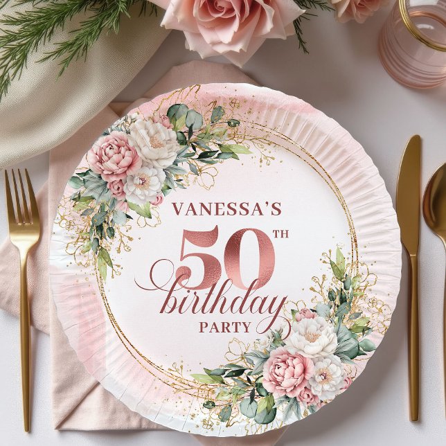 Watercolor Rose Gold White Peonies 50th Birthday  Pappteller (Watercolor Rose Gold White Peonies 50th Birthday Dinner Plates

)