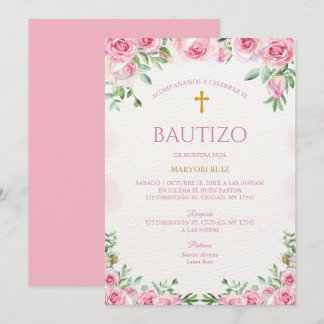 Watercolor Rose Pink Floral Girl Baptism Einladung