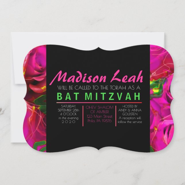 WATERCOLOR ROSE PINK NEON Bat Mitzvah Einladung (Vorderseite)