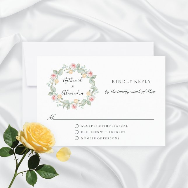 Watercolor Rose Wreath Summer Wedding RSVP Karte (Von Creator hochgeladen)
