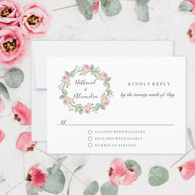 Watercolor Rose Wreath Summer Wedding RSVP Karte (Von Creator hochgeladen)