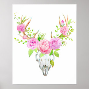 Watercolor-Rosen-Rotwild-Schädel-Kunst-Druck Poster