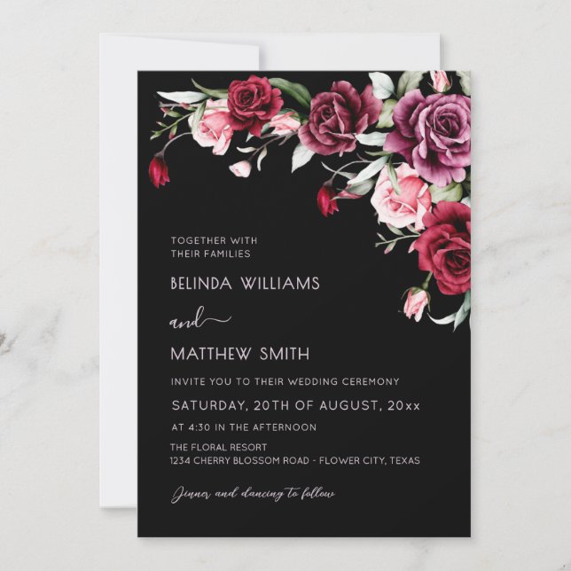 Watercolor Roses Black Background | Photo Wedding Einladung (Vorderseite)