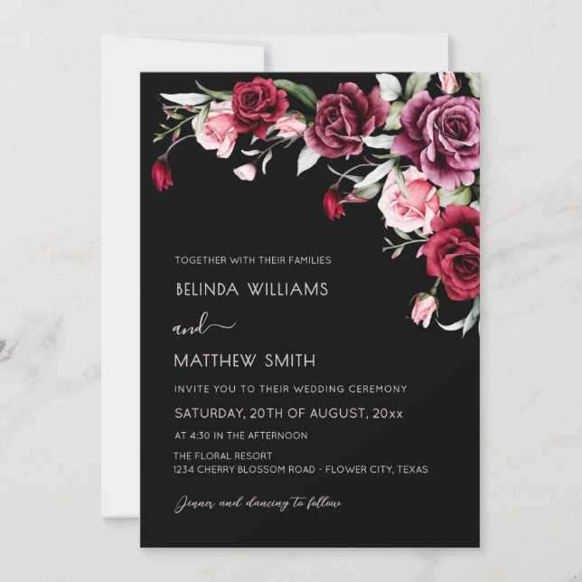 Watercolor Roses Black Background | Photo Wedding Einladung (Vorderseite)