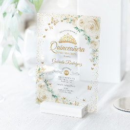 Watercolor Roses Cream Gold Floral Quinceanera Acryleinladungen