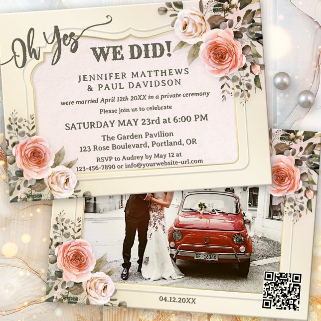 Watercolor Roses Photo After Wedding Einladung (Boho chic after wedding party invitation featuring blush pink watercolor roses and your photo + QR)
