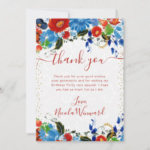 Watercolor-Rot- und Blaue-Blumen-Geburtstag Dankeskarte