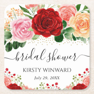 Watercolor-Rote-und-gelbe-Rosen-Brautparty Rechteckiger Pappuntersetzer