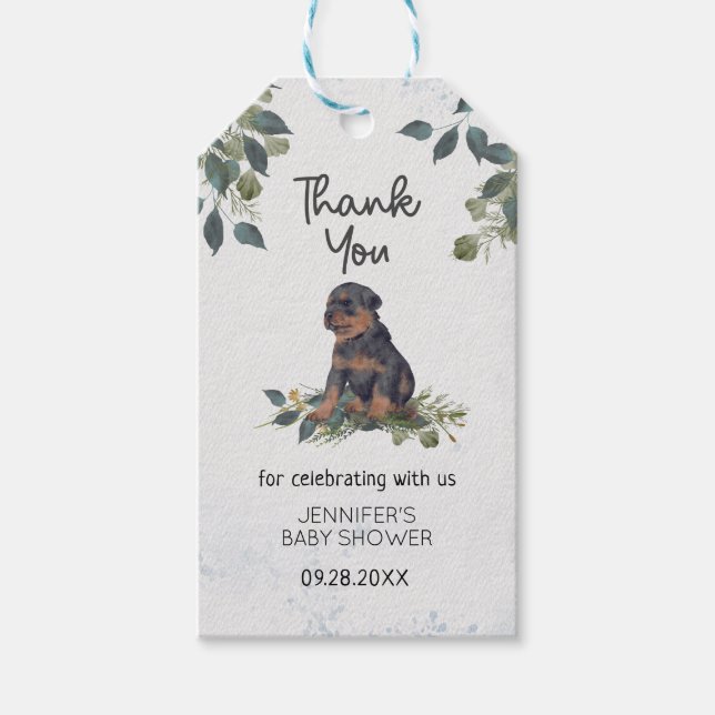 Watercolor Rottweiler Puppy Baby Dusche Vielen Dan Geschenkanhänger (Vorderseite)