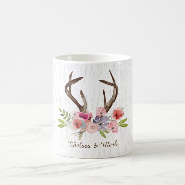 Watercolor-Rotwild-Geweih-Wildblumen-Imitat Bois Tasse (Mittel)