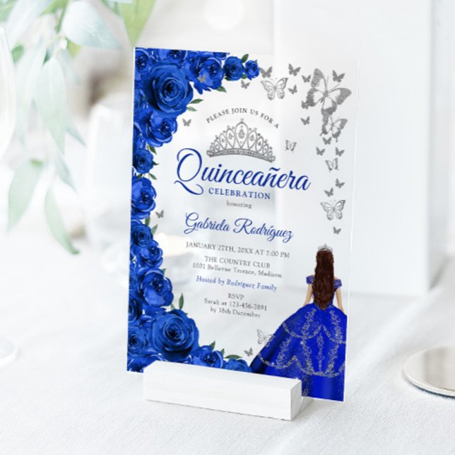 Watercolor Royal Blue Roses Silver Quinceanera Acryleinladungen (Von Creator hochgeladen)