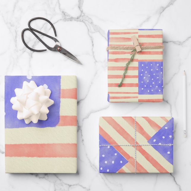 Watercolor rustikale US-Flagge Geschenkpapier Set (Vorderseite)