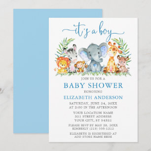 Watercolor Safari Animals Boy Blue Script Dusche Einladung