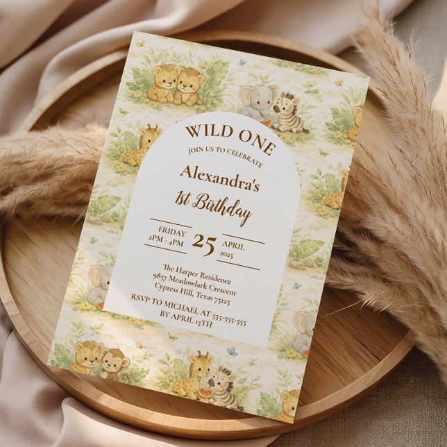 Watercolor Safari Animals First Birthday Einladung (Von Creator hochgeladen)