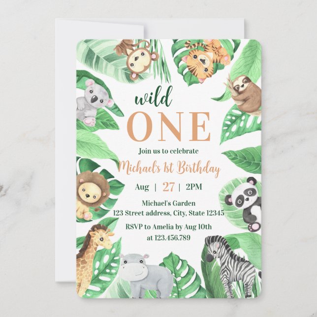 Watercolor Safari Animals Wild One 1st Birthday Einladung (Vorderseite)