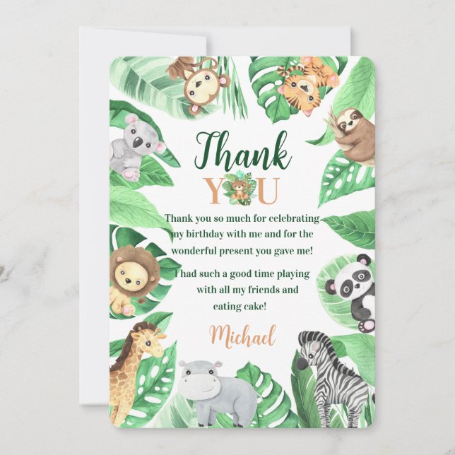 Watercolor Safari Animals Wild One Birthday Dankeskarte (Vorderseite)