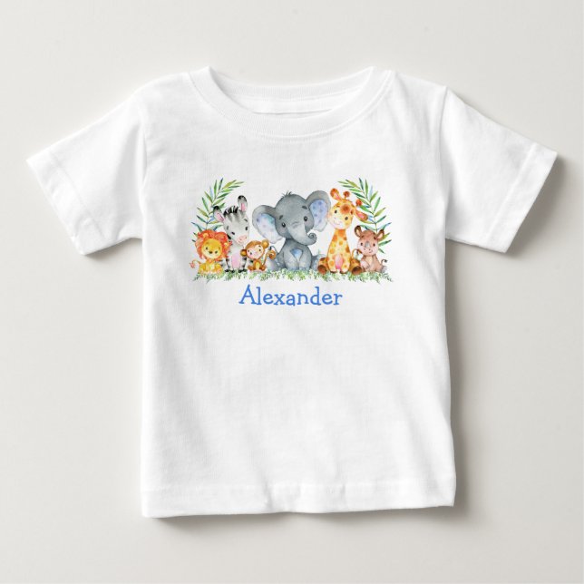 Watercolor Safari Baby Animals Blue Elephant T-shirt (Vorderseite)